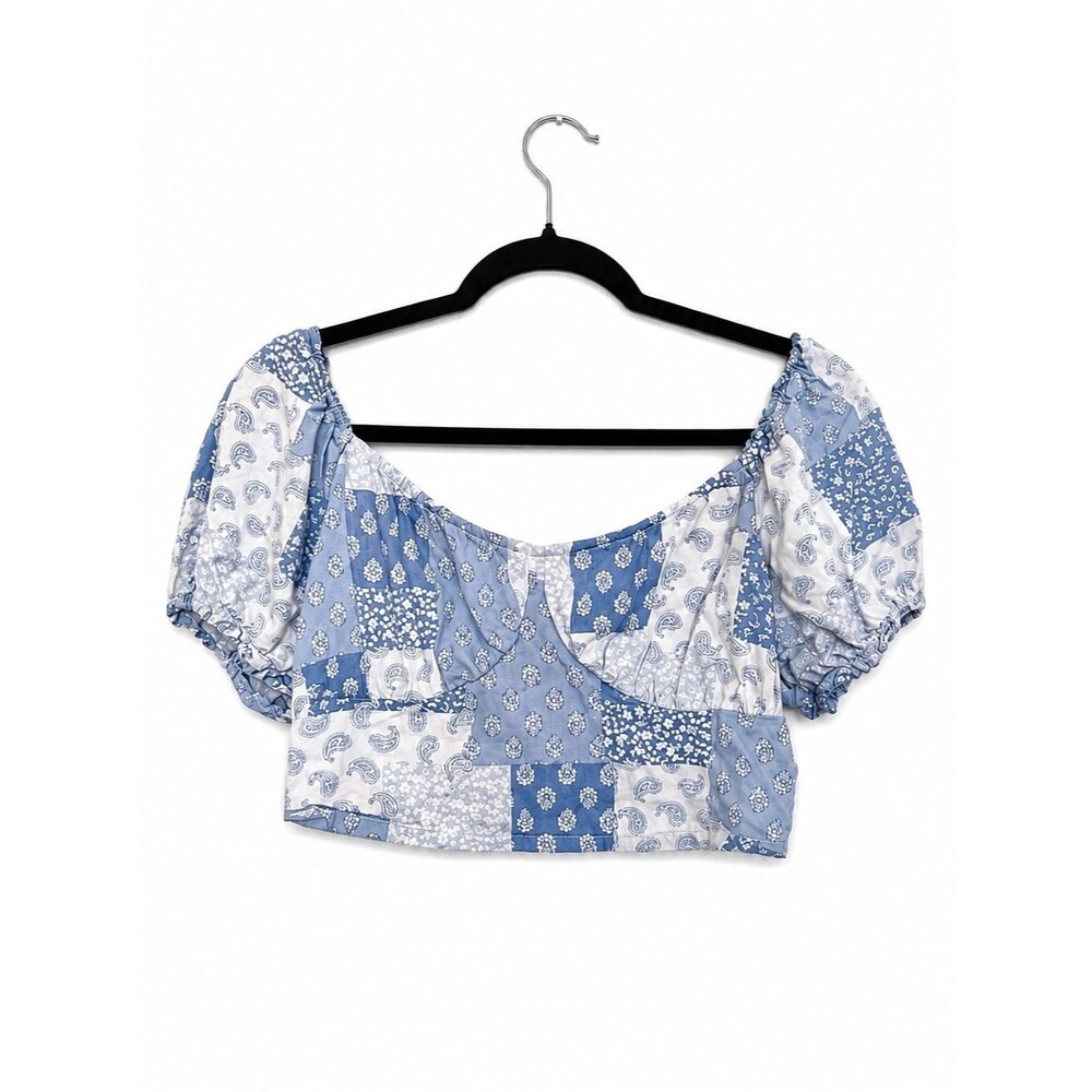 Hollister Cottagecore Euro-Summer Blue Patchwork Cropped Blouse